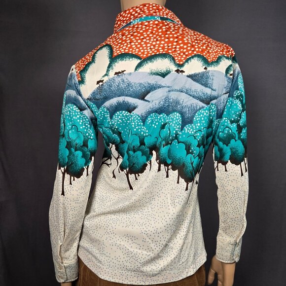 Vintage 70s Landscape Trees Novelty Print Button Up Shirt Dagger Collar Size M - Picture 7 of 11